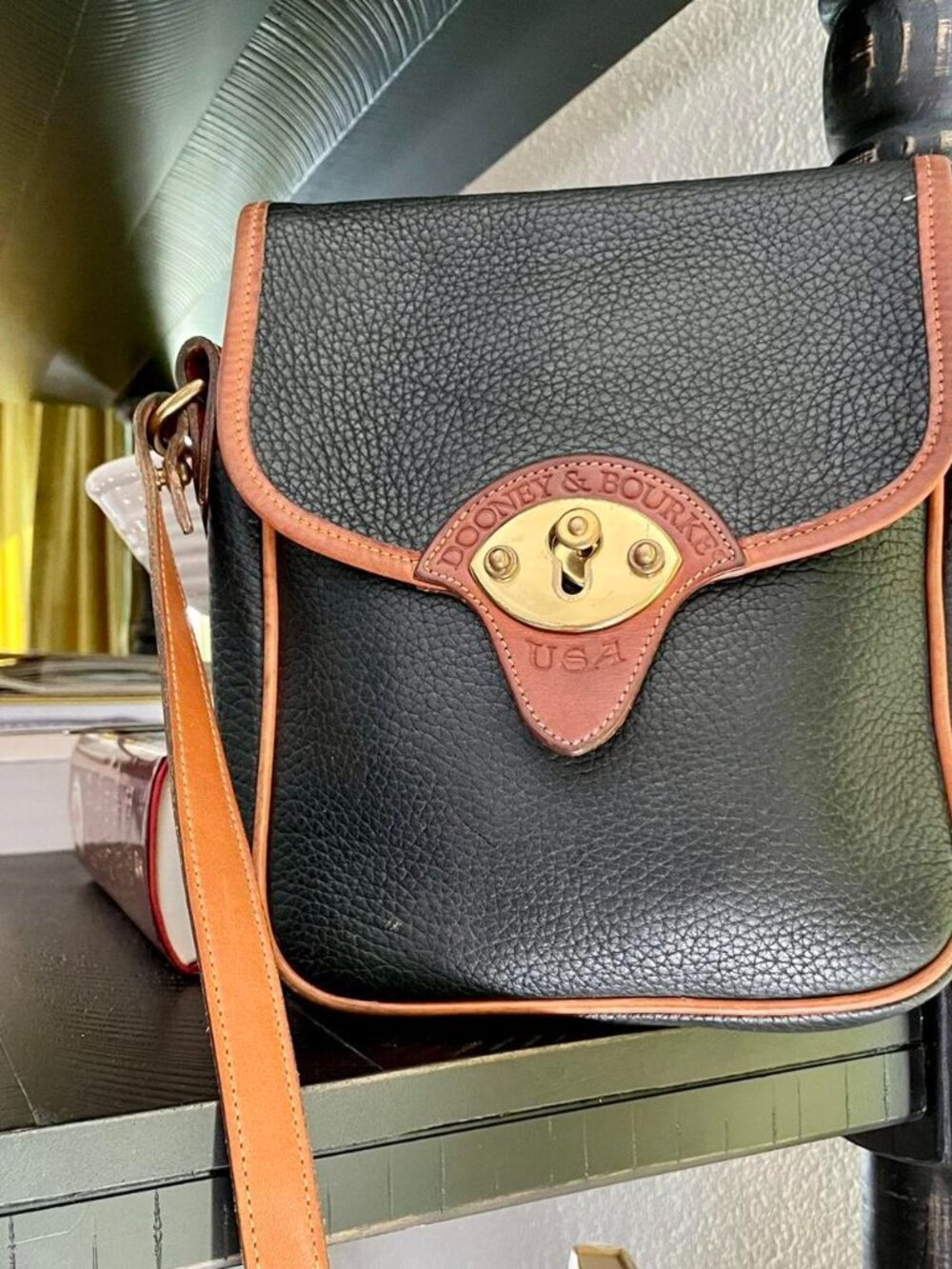 Vintage USA Made Dooney & Bourke Pebbled Leather Crossbody Bag Black Navy